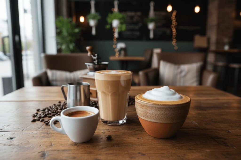 Espresso vs cappuccino vs latte served in ceramic coffee cups